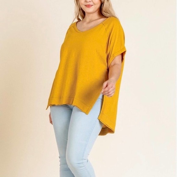 Umgee Tops Oversize Golden Yellow Linen Blend Hilow Side Slit